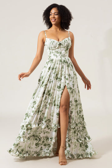 Vestido de fiesta largo con estampado verde con tirantes finos de una línea con abertura